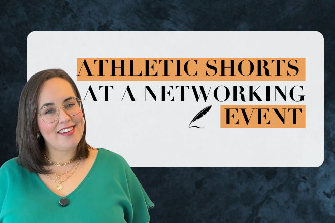 Trina, CEO of Boost Academy of Excellence, in a great dress against a title card saying, "Athletic Shorts at a Networking Event"