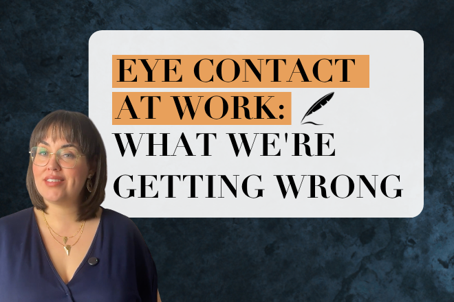 Trina Boos, workplace skills coach, next to text that reads "Eye Contact at Work: What We're Getting Wrong" — a Boosted podcast episode on professional presence and hiring bias.