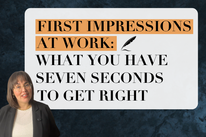 Trina Boos stands beside a bold graphic that reads "First Impressions at Work: What You Have Seven Seconds to Get Right" against a dark blue background.