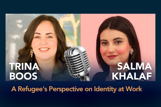 Boosted Podcast thumbnail featuring host Trina Boos and guest Salma Khalaf, with the episode title: A Refugee's Perspective on Identity at Work.