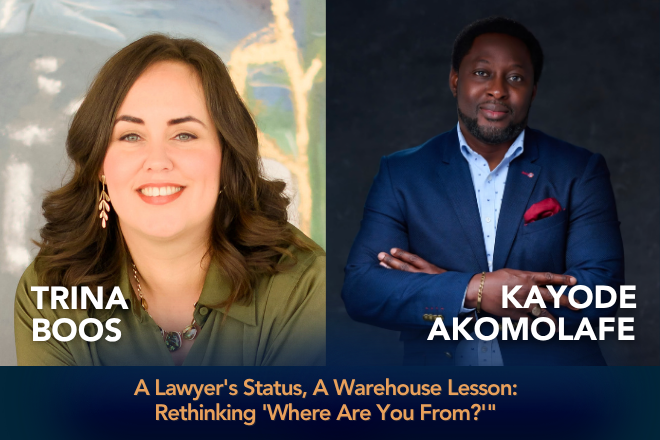 Split promo graphic for the Boosted podcast: Trina Boos on the left in a green top against an abstract painted background, and Kayode Akomolafe on the right in a navy suit with a red pocket square, arms crossed against a dark background. Text below reads 'A Lawyer's Status, A Warehouse Lesson: Rethinking "Where Are You From?